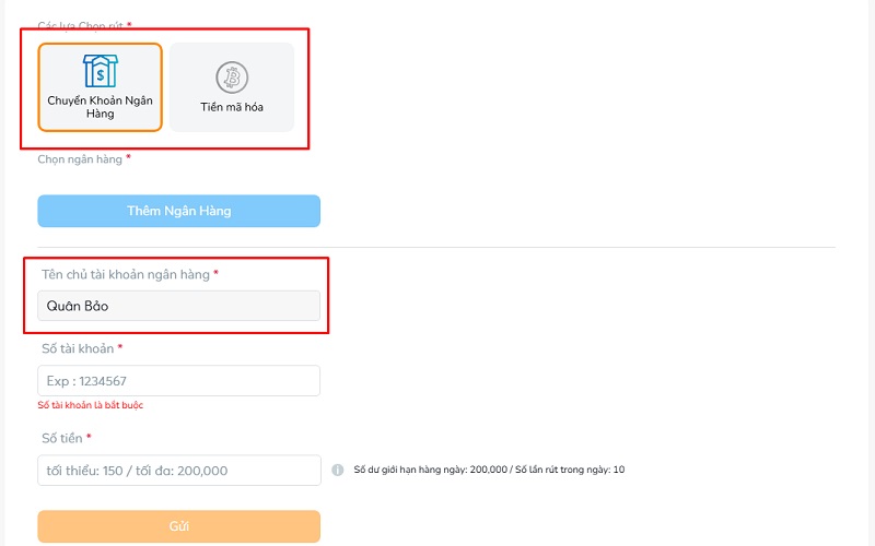 Tài khoản ngân hàng dùng để nạp/rút phải trùng tên với tên người đăng ký Tài khoản ngân hàng dùng để nạp/rút phải trùng tên với tên người đăng ký